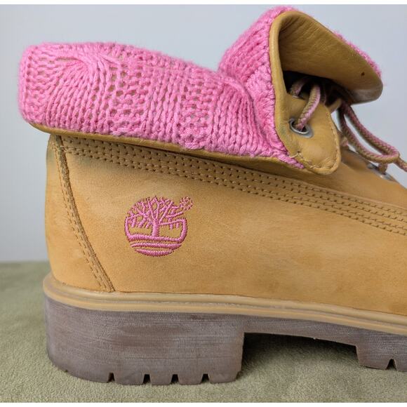 Timberland Womens Jayne Leather Hiking Boots 6 Saddle Brown Pink Fold Cuff Ankle - Picture 2 of 12